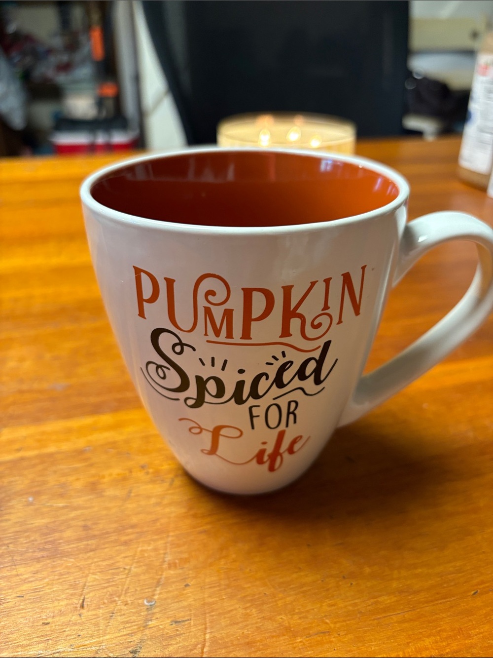 Pumpkin Spiced For Life Ceramic Mug - White with Pumpkin Colored Interior 16 oz